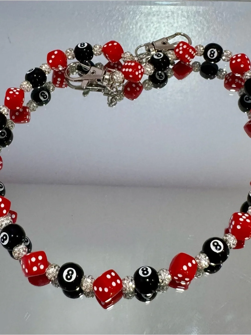 New Beaded Red & Black Dice and 8-Ball Bag Chain 18 inches